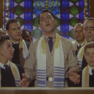 Danny Thomas singing in "The Jazz Singer" (1952); which was filmed at the old Sinai Temple, at Fourth and New Hampshire. Danny Thomas did a wonderful job, even though he wasn't Jewish at all; he was a Lebanese Marionite Catholic, who many people assumed was Jewish.